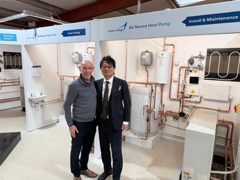Quantum Training's Chris Gonella and Managing Director of Daikin UK, Tomoji Miki, at the launch of Exeter College's new Green Skills Hub.
